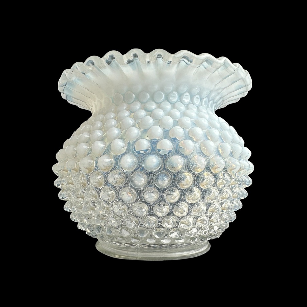 Fenton Moonstone Opalescent Hobnail Glass Vase Ruffled Rim Vintage MCM 4.5"‎